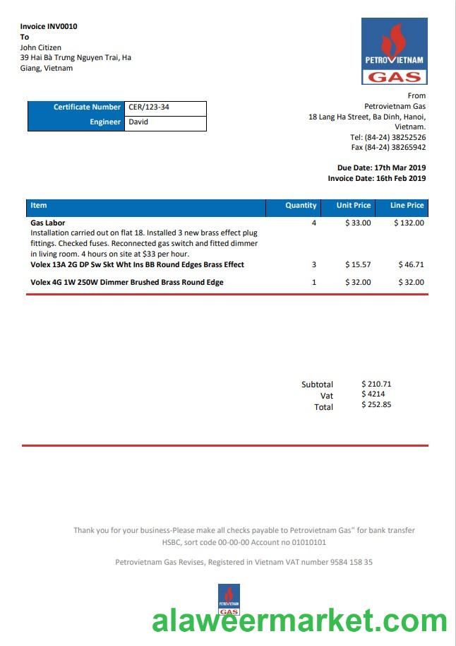 Vietnam Petrovietnam Gas utility bill template in Word and PDF format